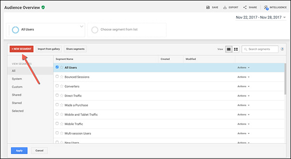 Click the red “+ New Segment” button to go to your custom segment builder 