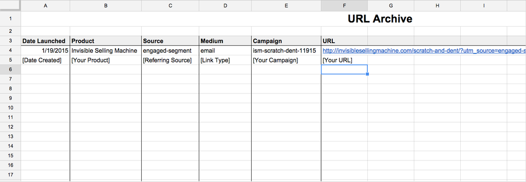 An example of a Google Sheet housing various UTMs